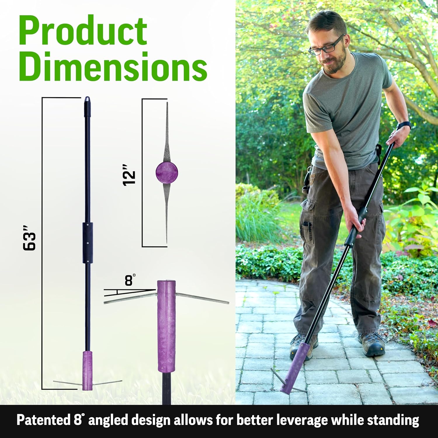 BICRACKIE Stand-Up Paver Crack Weeding Tool with 60" Steel Pole; Steel Blade with 2-Sized, 5" Tapered Ends for Patios, Driveways (Saw-Cut), Sidewalks, Pavers to Remove Weeds Easily; Made in USA