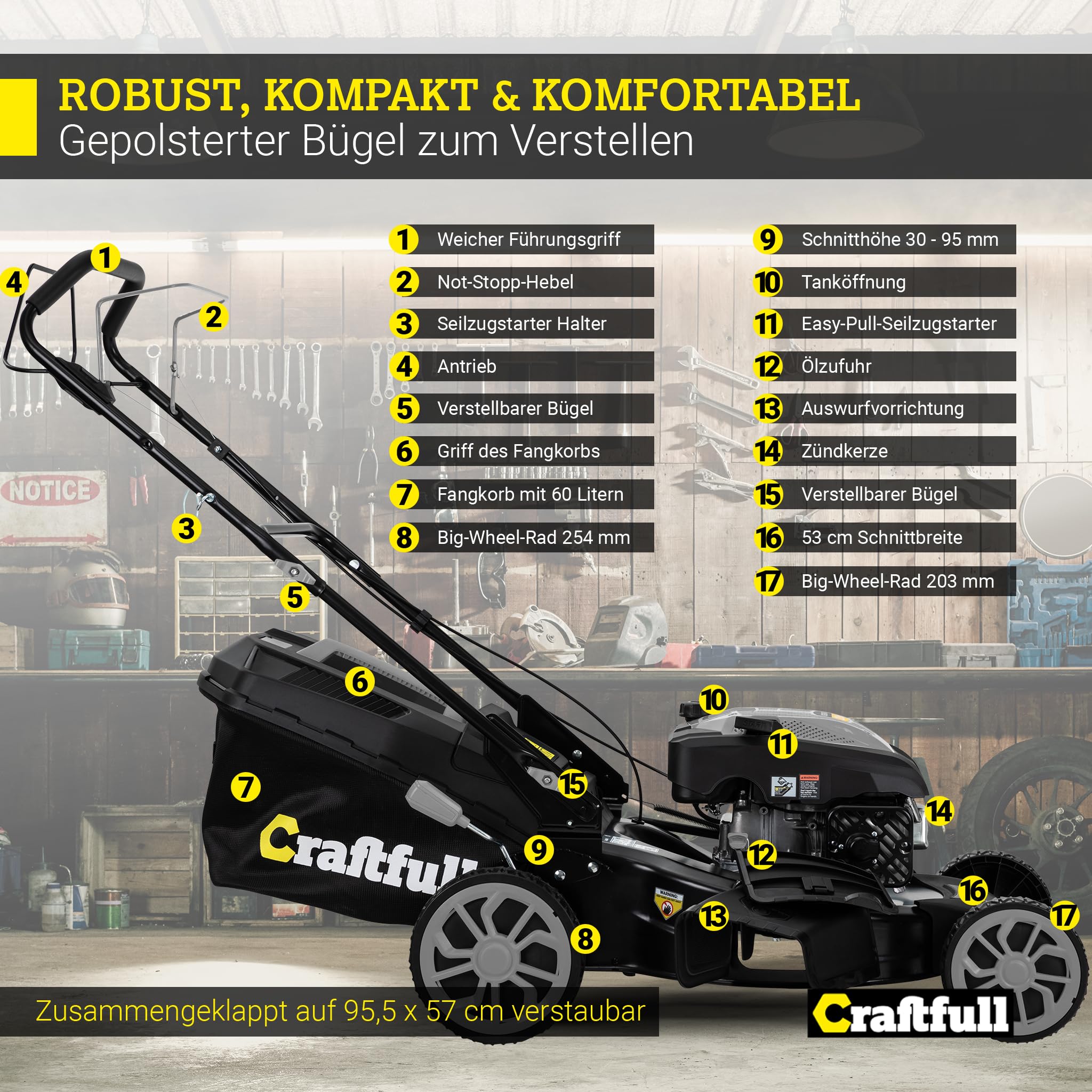 Craftfull Benzin Rasenmäher CR-224-30 | 5,1 KW 7 PS | 223 cm³ OHV Motor | Benzinrasenmäher - Mäher - Selbstfahrantrieb - 53 cm Schnittbreite in 7 Höhenstufen (CR-224-30 5,1 KW 7 PS 223 cm³ Motor Grau)
