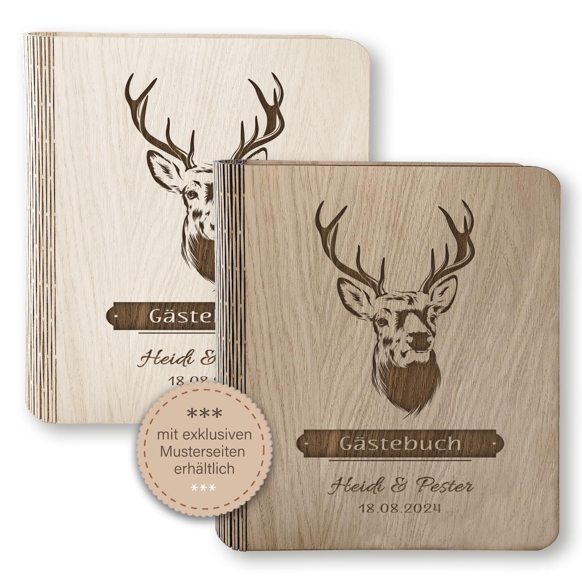 Holz Gästebuch Hochzeit Deer Dreams mit und ohne Fragen ca. 22,5 x 23,5 cm - Hochwertiges Hochzeitsgästebuch Holzbuch Landhochzeit Holzgästebuch Hochzeit Hirsch Handarbeit