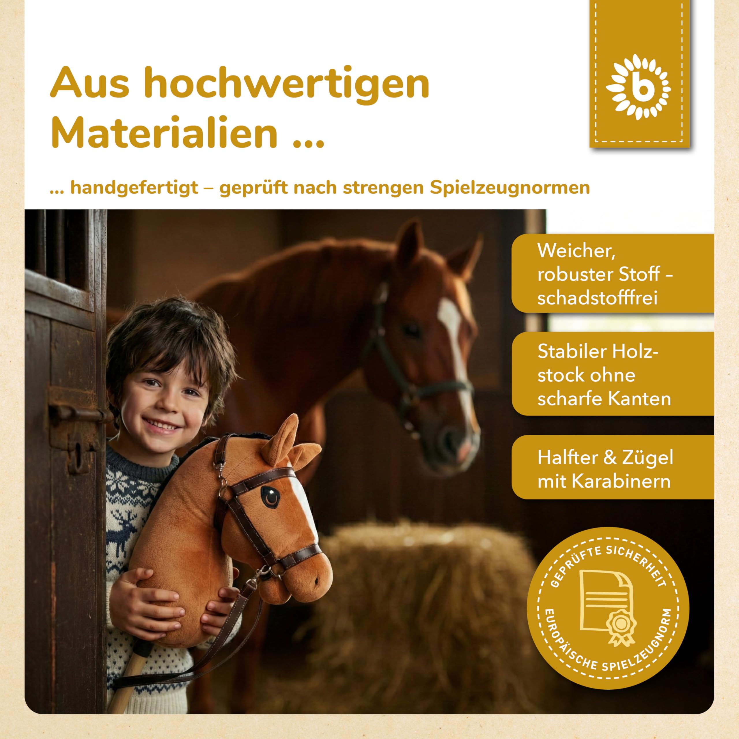 Bieco Hobby Horse konik na kijku, lis, rozmiar S, z trense, spersonalizowany, zdejmowany kij i ogon, do jazdy konnej, ujeżdżania i zabawy, hobby