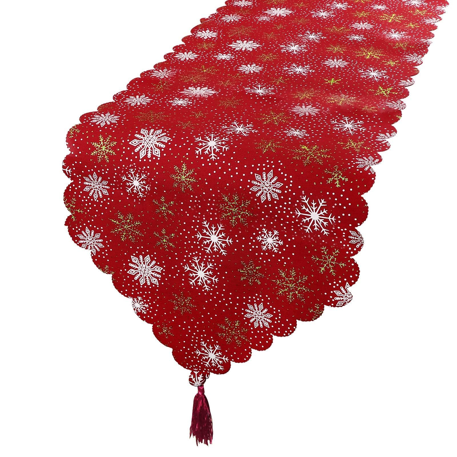 BHGT Camino de Mesa Navideño 180 * 35cm Arpillera Decoración de Navidad Corredor de Mesa Tapete Adorno Rojo con Copos de Nieve