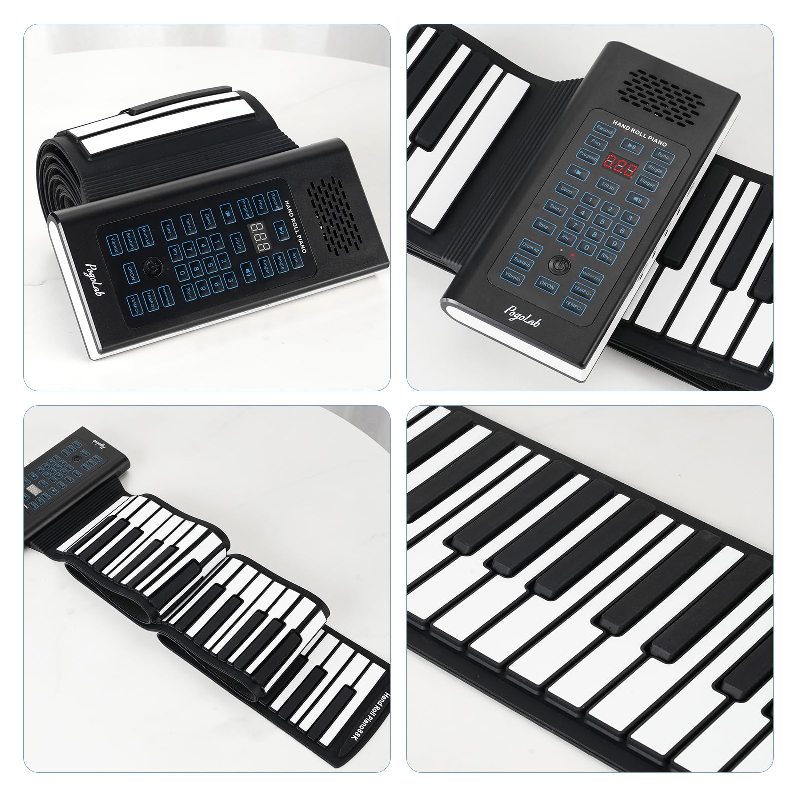 Pianoforte a tastiera arrotolabile POGOLAB a 88 tasti, pianoforte arrotolabile ricaricabile con 20 demo/128 toni/128 ritmi/jack per cuffie/Bluetooth/batteria, pianoforte a mano pieghevole da viaggio