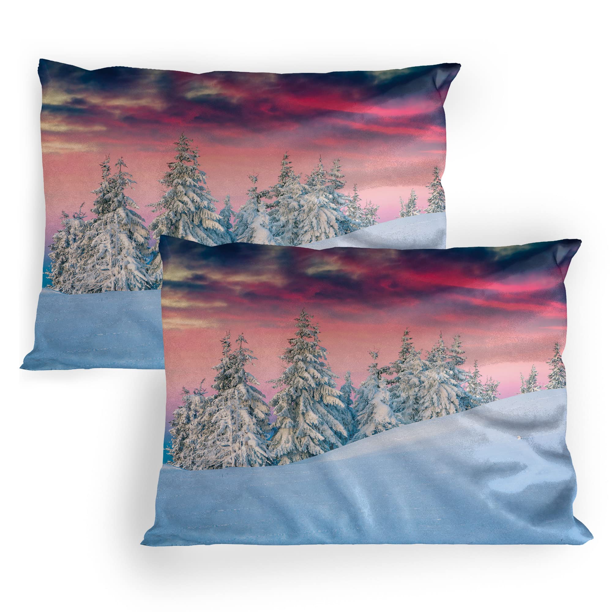 Ambesonne Winter Pillow Sham Set of 2, Idyllic Scenery in Snow Covered Serene Mountains Pine Tree Forest Majestic Sky, Quality Microfiber Bedding Item for All Seasons, 36