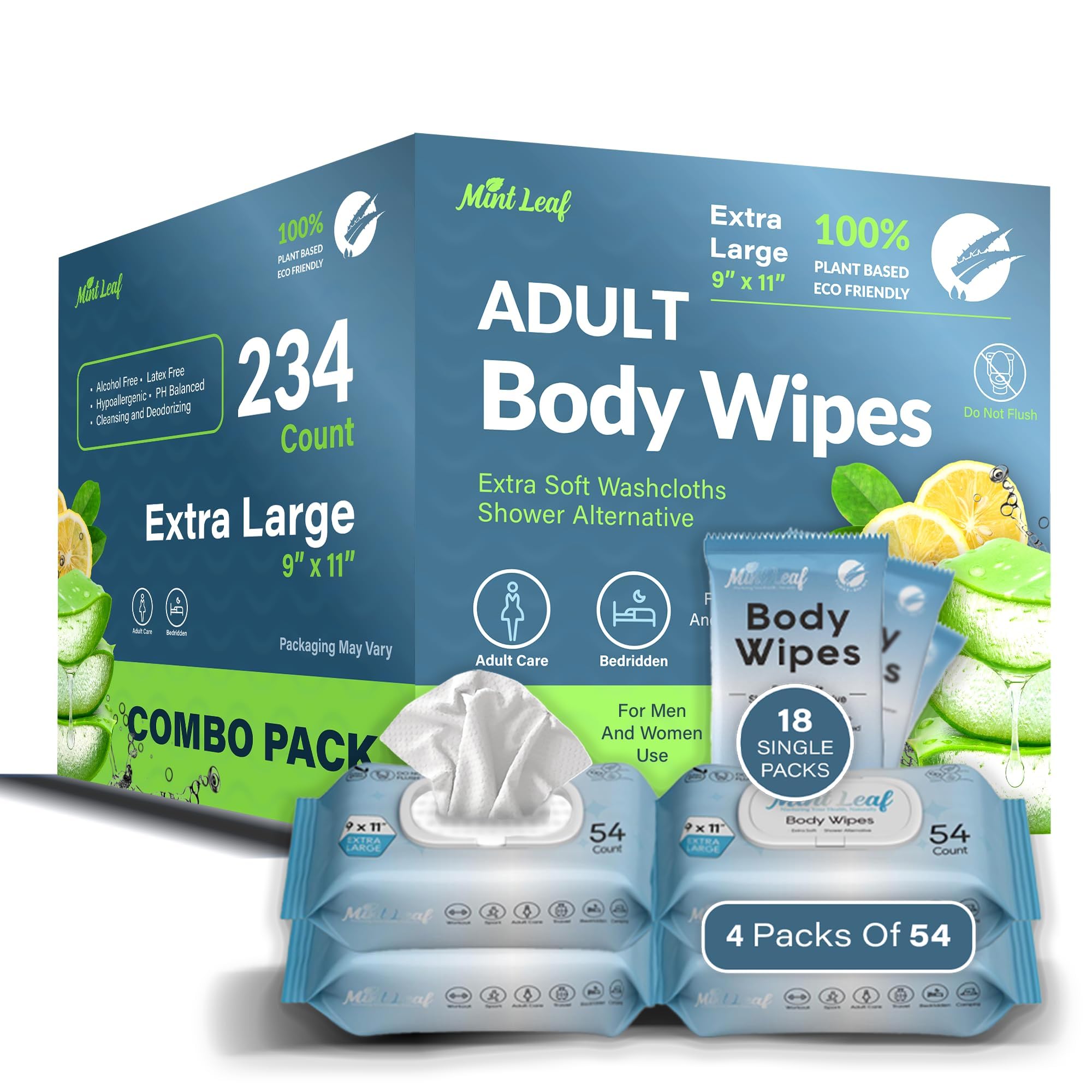 XL Adult Body Wipes - No Rinse Shower & Incontinence Bath Wipe, 11x9 Cleansing Washcloths with Aloe Vitamin E, Hypoallergenic Disposable Wipes for Adults, Seniors, Gym & Travel - 4 Packs + 18 Singles