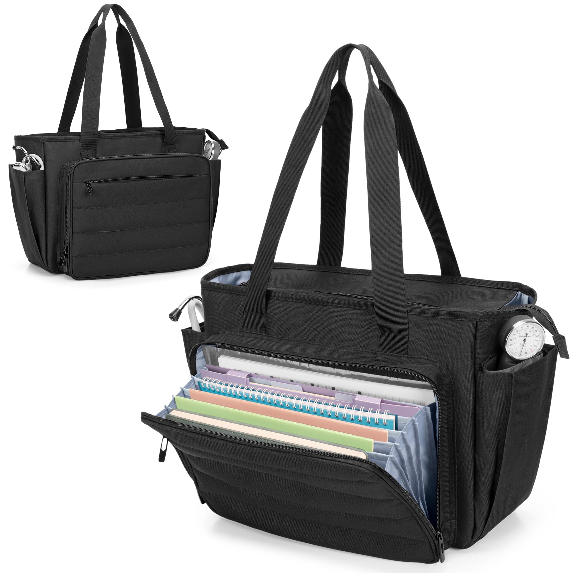 CURMIO Nurse Tote Bag for Women, Portable Medical Supplies Shoulder Bag with A4 Size Accordion File Organizer Compartment and 15.6” Laptop Sleeve for Nursing Work, Home Health, Black(Patent Pending)