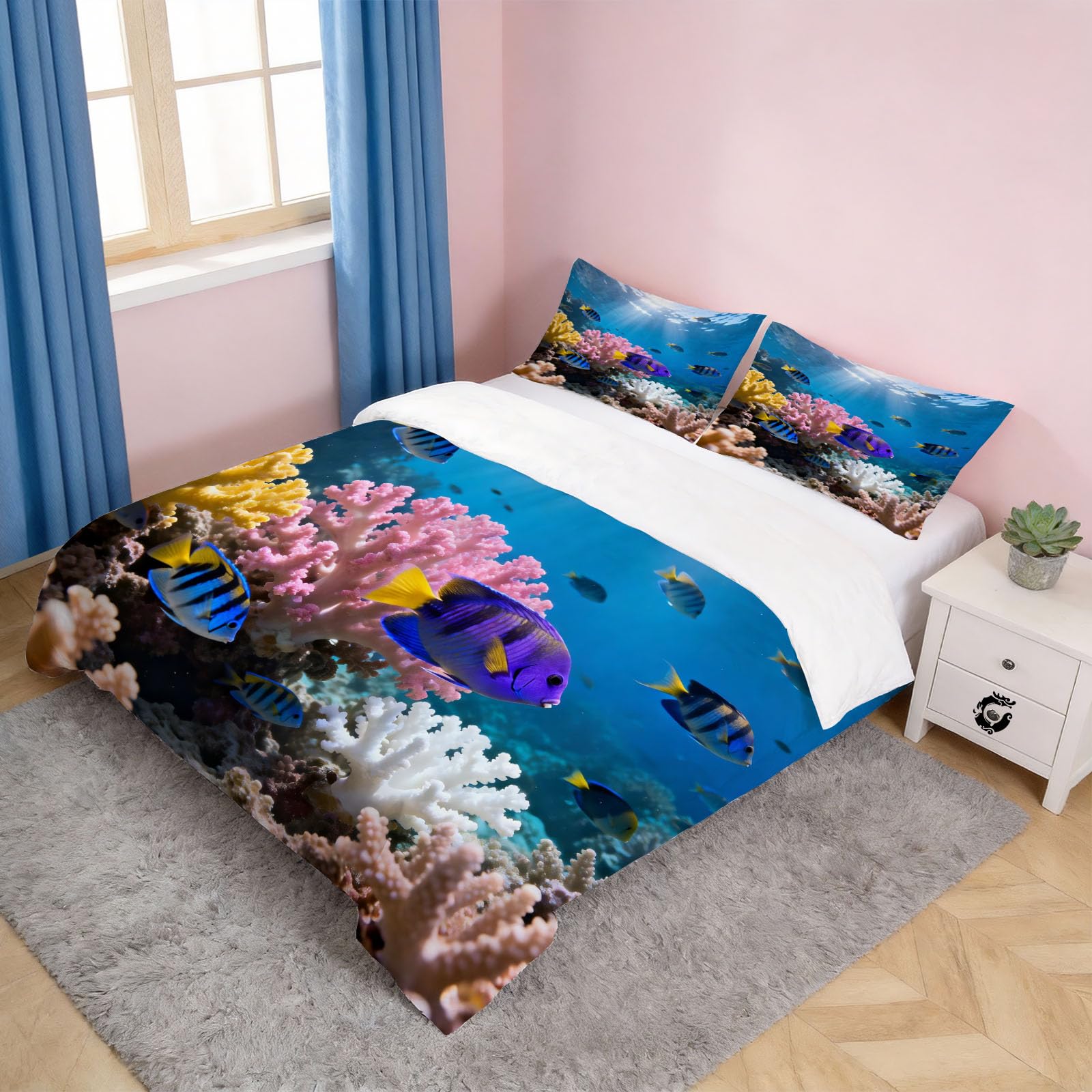 Generisch Unterwasserkoralle 3 Teilig Bettwäsche-Sets 155x220 Meereslebewesen Bettwäsche 3D Drucken Weiche Komfortabel Microfaser Bettbezug mit Reißverschluss mit 2 Kissenbezüge 80x80