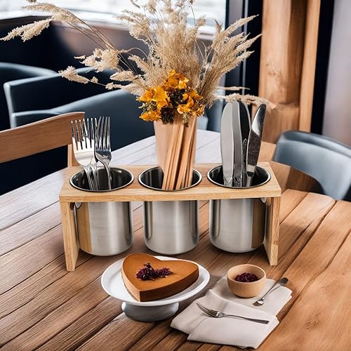 Miniatura 6 de ZOOFOX Paquete de 3 soportes para cubiertos, organizador de utensilios de acero inoxidable con base de madera, organizador de cubiertos para