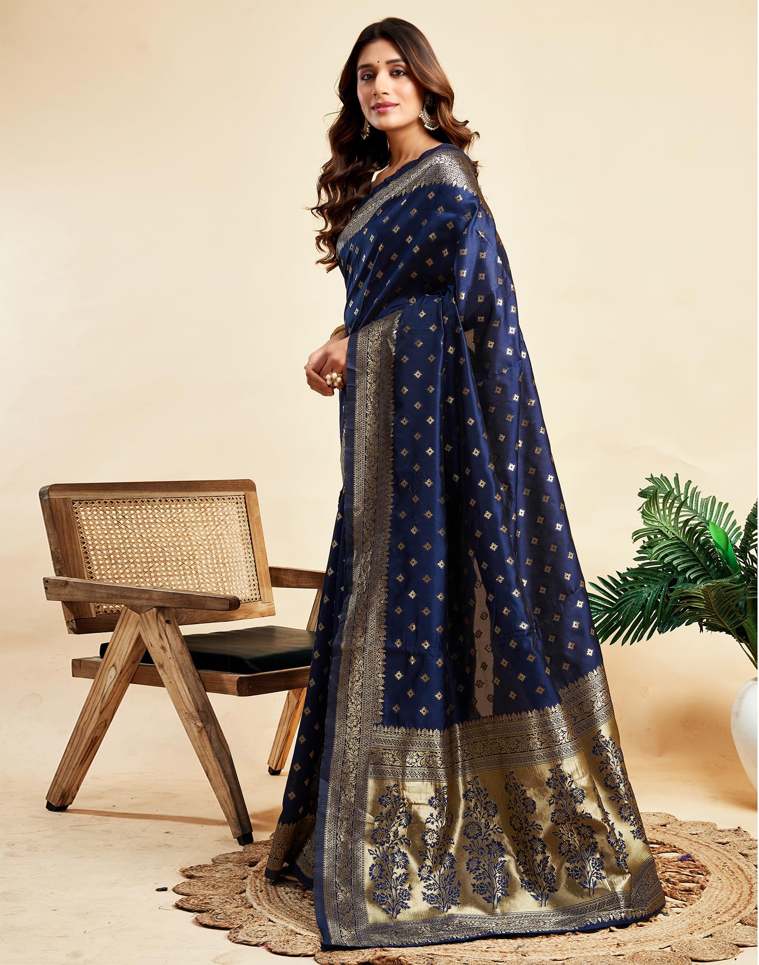 SIRIL Women's Soft Silk Saree | Banarasi Silk Sari | Jacquard Zari Work Saree With Unstitched Blouse Piece (4051S576_Navy Blue) - Image 2 thumbnail