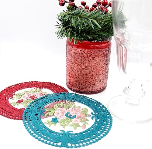 Miniatura 7 de Paquete de 8 tapetes de tela de flores de ganchillo de 4.5 pulgadas, posavasos de inspiración vintage Claret para bebidas, tapetes de té de encaje