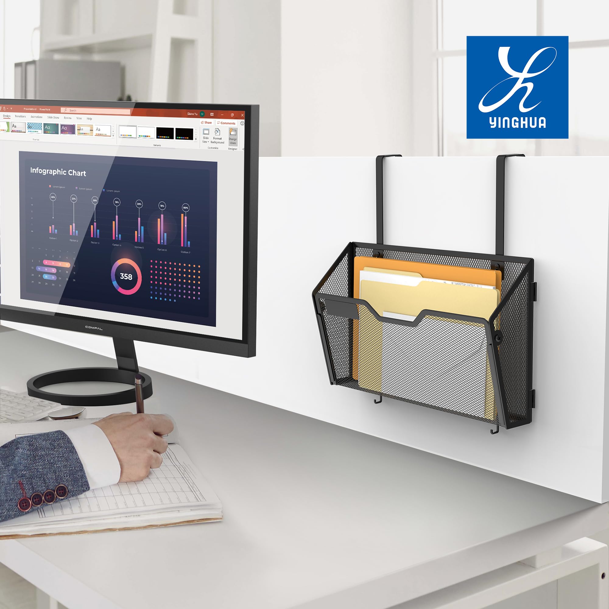 YINGHUA 6 Stück Netz-Aktenhalter zur Wandmontage – robuster Metall-Hängeorganizer mit Haken – 32,6 cm vertikale Wandkörbe für Briefpapiere, Büro, Zuhause und Schule, Aufbewahrung – Schwarz