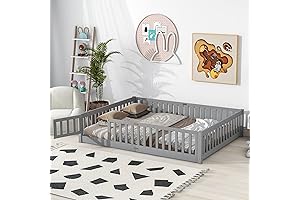 LostCat Queen Size Toddler Floor Bed with Safety Fence, Wood Montessori Bed...