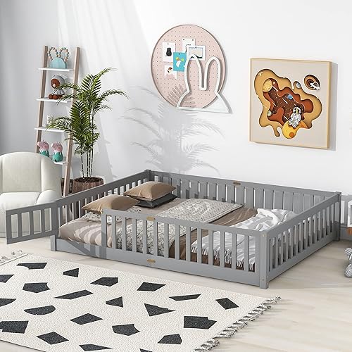 Miniatura 1 de Harper & Bright Designs Cama de suelo tamaño Queen con rieles y puerta, cama Montessori de madera con listones de soporte, marco de cama para niños