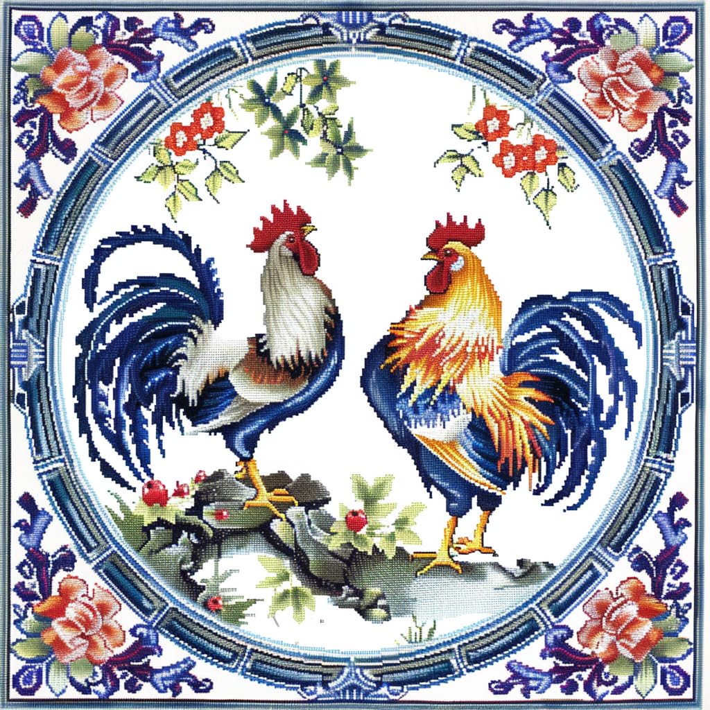 Generic Chinese Phoenix and Rooster DIY 11CT Stamped Cross Stitch Kit for Beginners Easy Needlepoint Embroidery Counted Cross Stitch Art Craft for Wall Decoration 10.6x10.6 inches