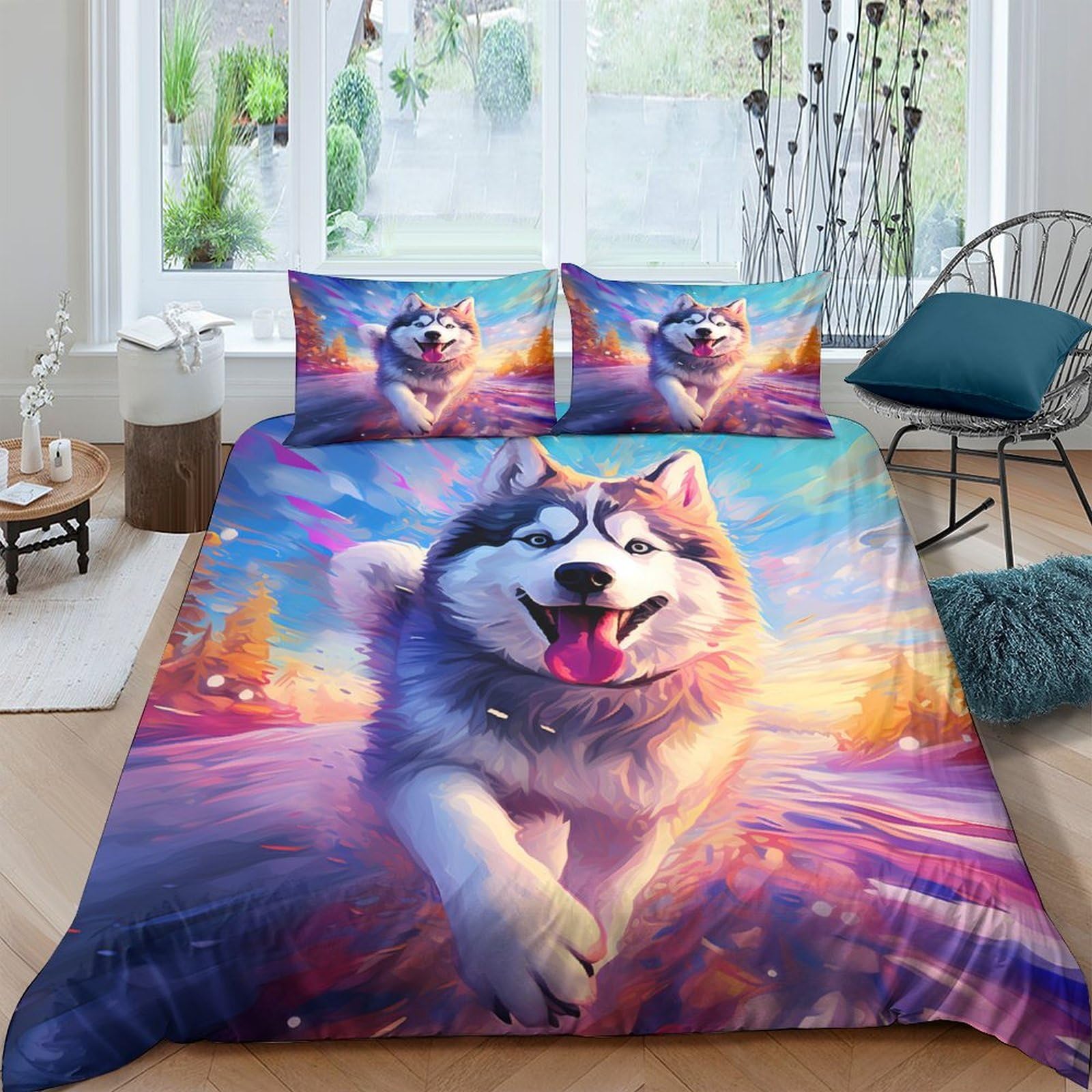 Ctjqhvkz Style-6 3D Printed Husky Running Sunset Fitted Sheet Microfiber Soft Breathable Dog Art Mattress Cover For Bedroom Decor Single（135X200cm）