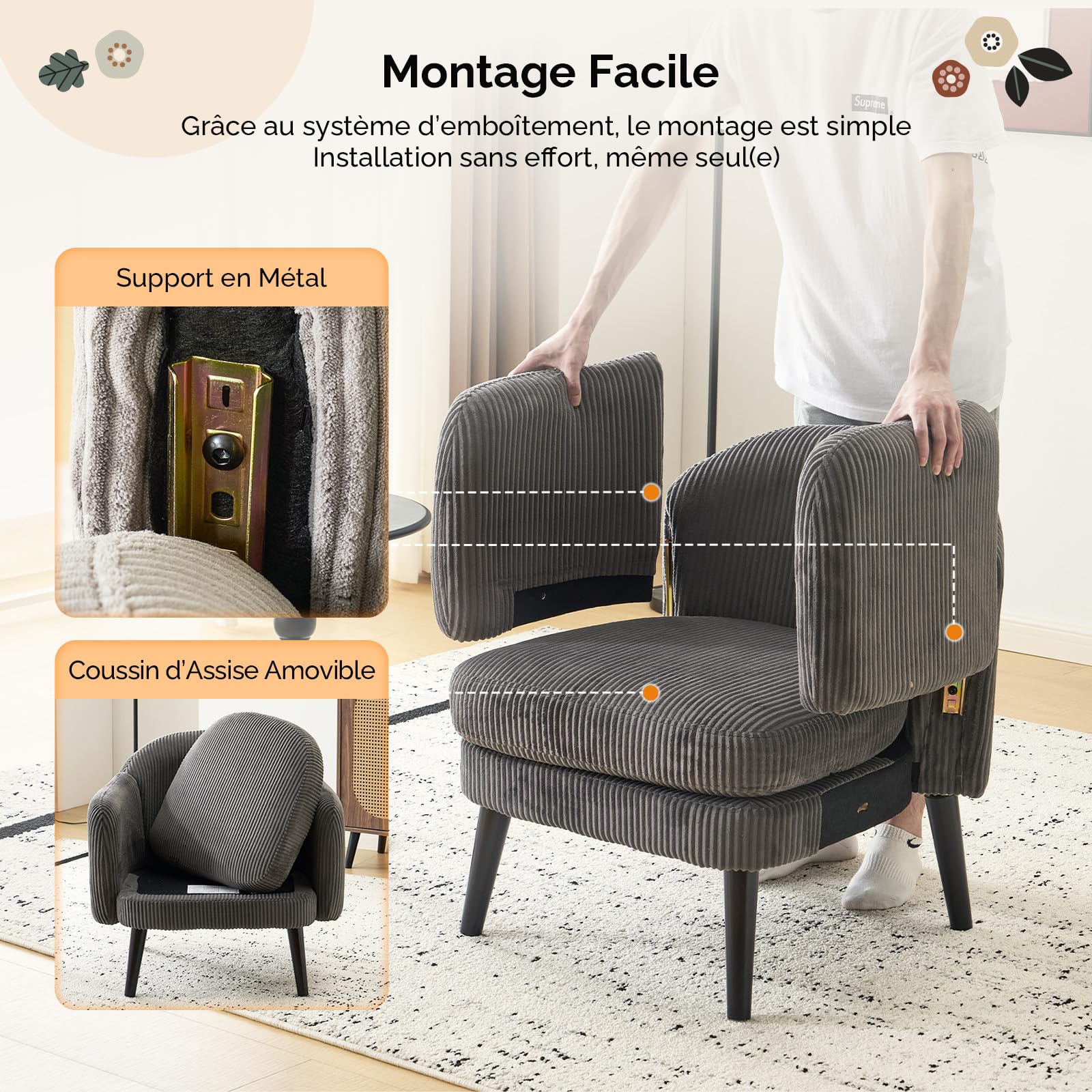 Bonnlo Fauteuil de Salon Moderne avec Accoudoirs, Canapé 1 Place avec Pieds en Bois Massif, Chaise de Bureau Rembourrée et de Forme Ronde, pour Salon, Chambre, Salle, Velours Côtelé, Gris Foncé