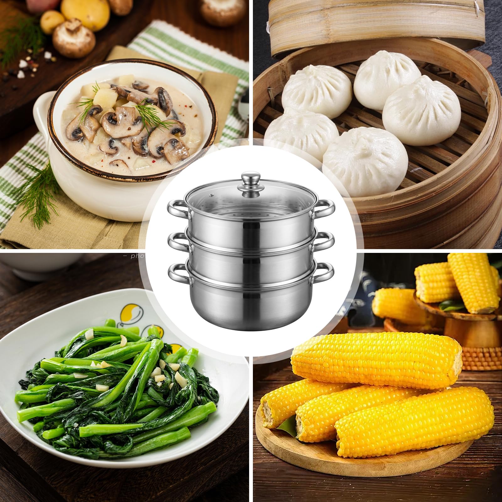Vaporera de 28 cm de acero inoxidable, 3 y 4 niveles, olla con tapa de cristal, olla a presión apilable para verduras, pescado, pasta y sopas, para inducción y gas (3 niveles)