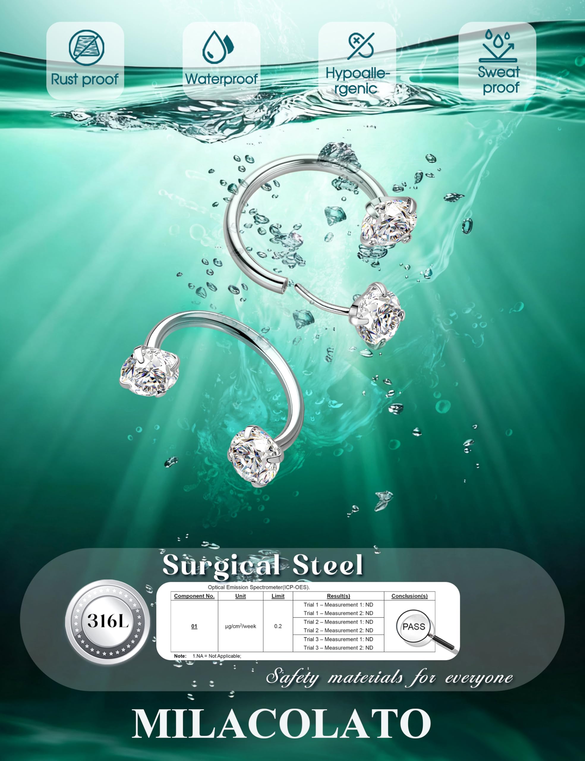 MILACOLATO 18G 20G Piercing Nariz Acero Quirurgico Septum Piercing de Nariz Herradura Oro Plata Circonita Cúbica Push-in Sin Rosca Helix Daith Tragus Labret Labio 6mm/8mm