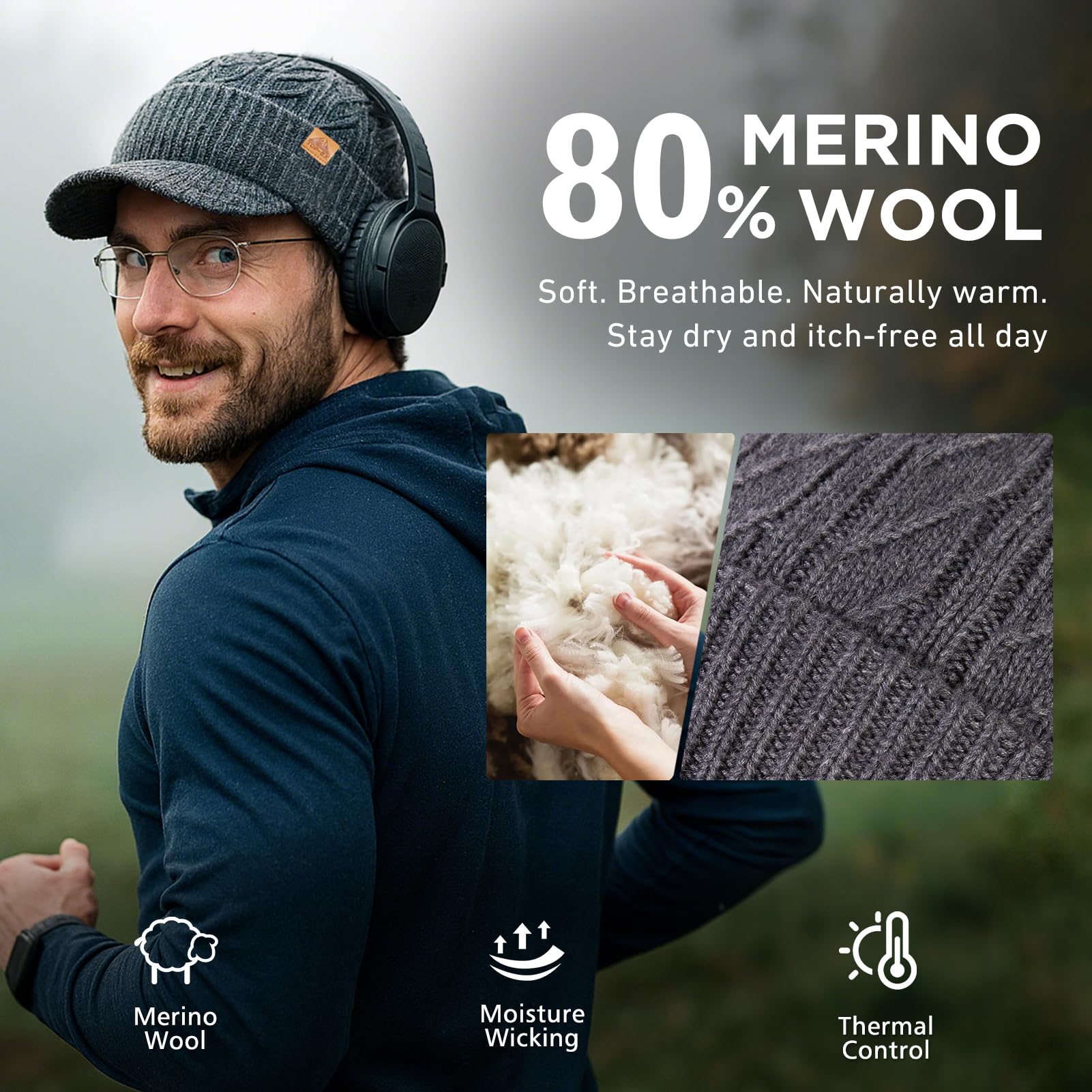 DryKnit Bonnet imperméable en laine mérinos L/XL/XXL avec visière à bord, bonnet d'hiver chaud pour homme et femme
