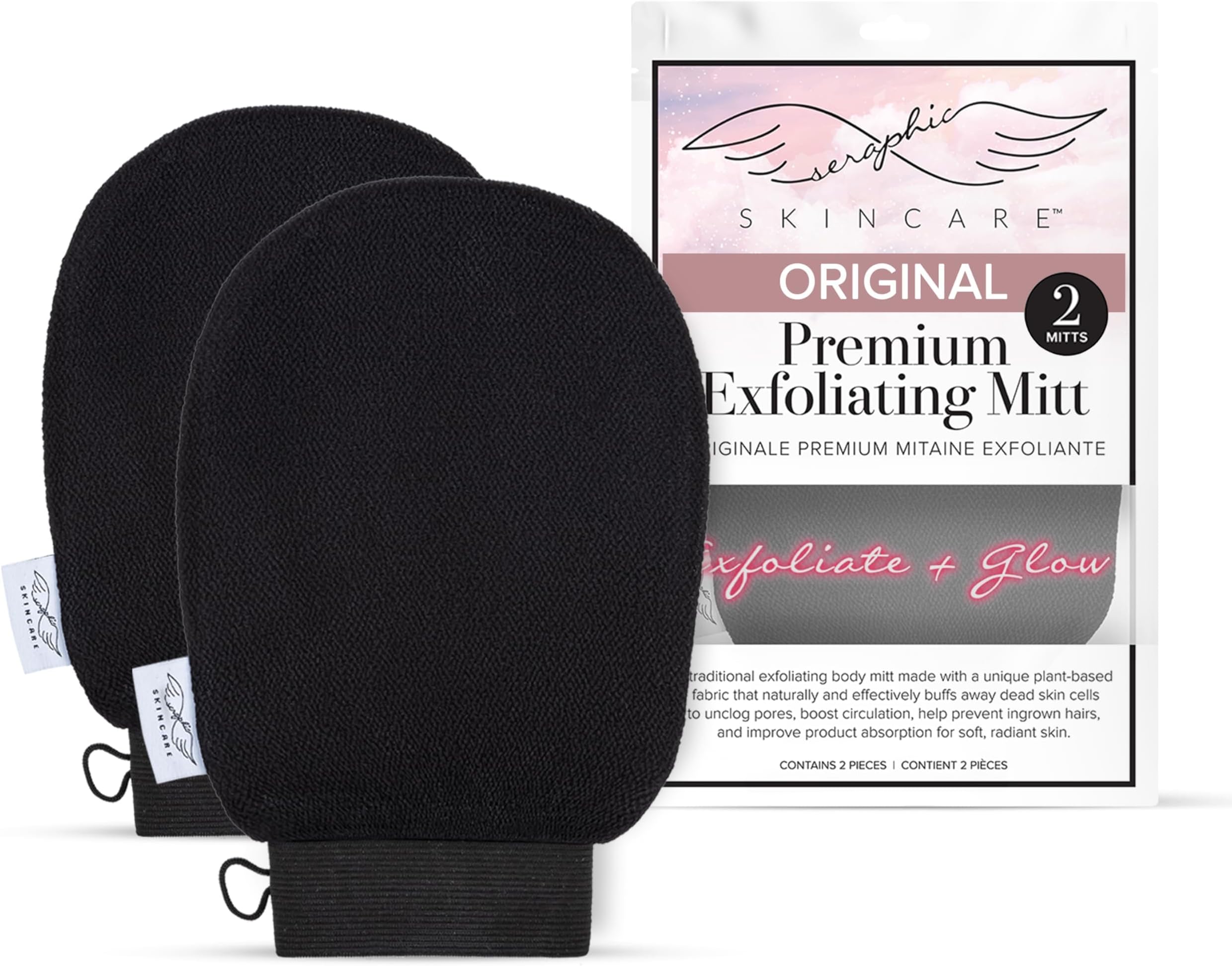 Seraphic Skincare (Original) Premium Exfoliating Mitt For Body (2Pc) – 100% Vegan Viscose Traditional Scrub Glove Kessa Korean Washcloth Exfoliator Self-Tan Removal & Keratosis Pilaris