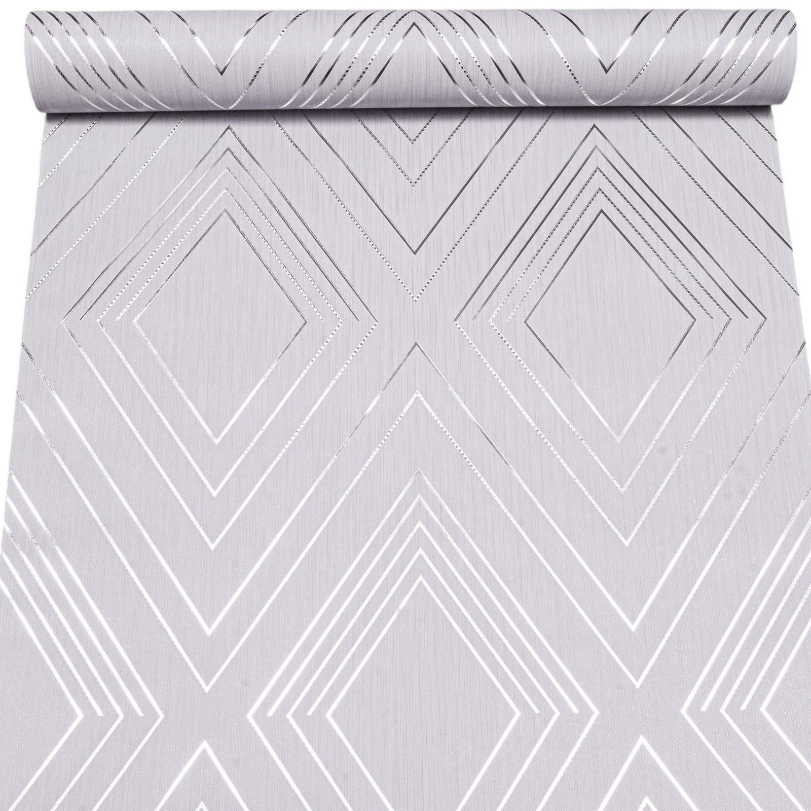 Sophie Laurence Grey Lilac Geometric Wallpaper Silver Metallic Foiled Vinyl Textured Heavyweight from B&Q