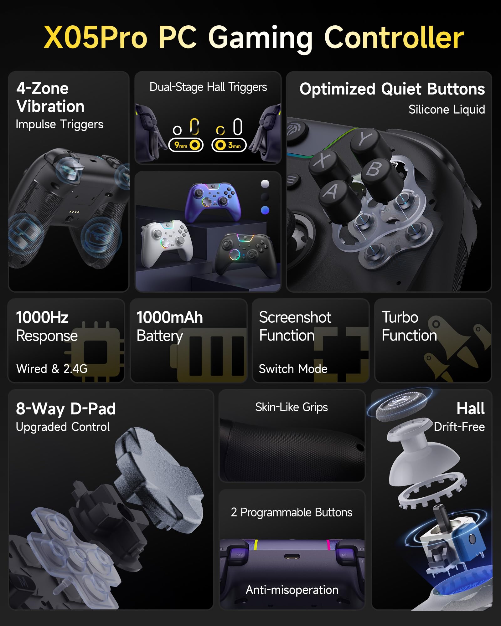 EasySMX X05 Pro Wireless Controller for PC Ergonomic Skin-Like Grip, Quiet-Touch Low-Noise Buttons, 1000mAh Battery, Dual Triggers, Hall Joysticks, 2 Programmable Buttons, RGB, with Charging Stand — view 9
