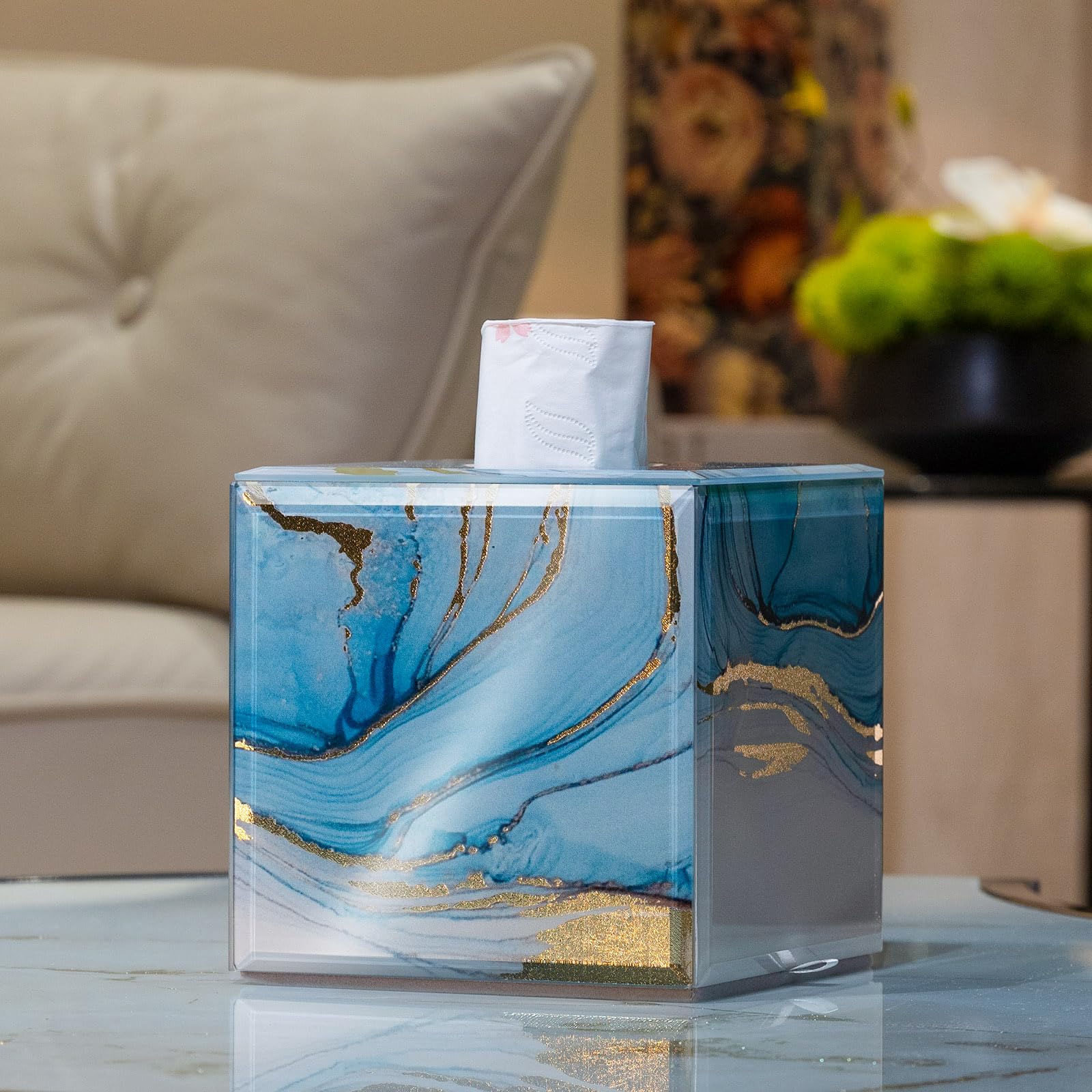 Glass Tissue Box Cover Square-Marble Pattern Decorative Tissue Holder with Velvet Lining for Home Decor, Bedroom, Kitchen, Office (Blue & Gold)