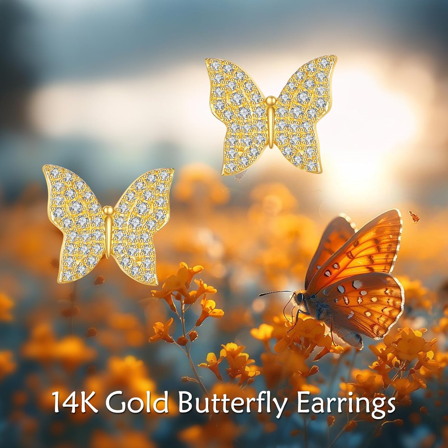 KQF Simple Butterfly Earrings 14K Solid Gold Zirconia Stud Earrings Boho Jewelry Anniversary Brithday Gifts For Women - Image 3