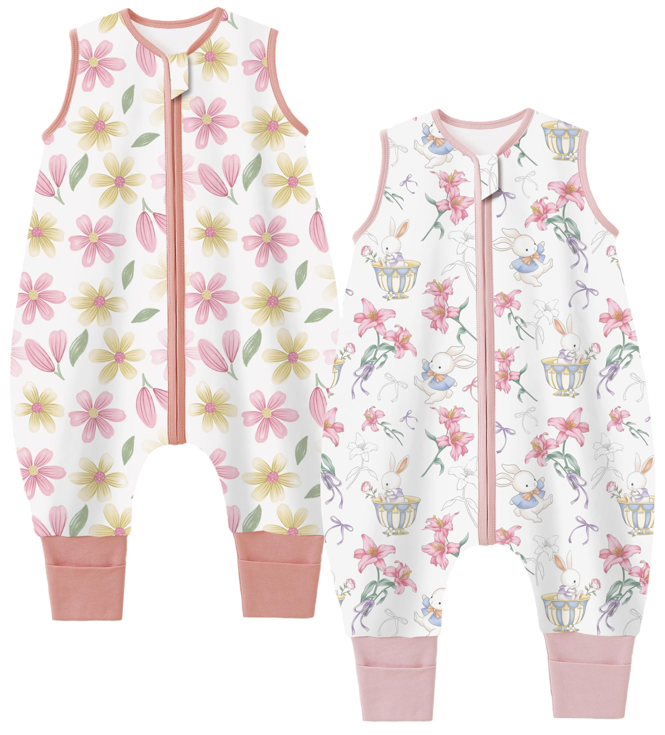 Teechodina Baby Schlafsack mit Füßen 2er Pack 100% Baumwolle 1.5 Tog Baby Schlafsack mit Beinen für kleine Kinder, 1.5 Tog/Blumen + Süße Kaninchen, 80cm/Baby Höhe 90-100cm