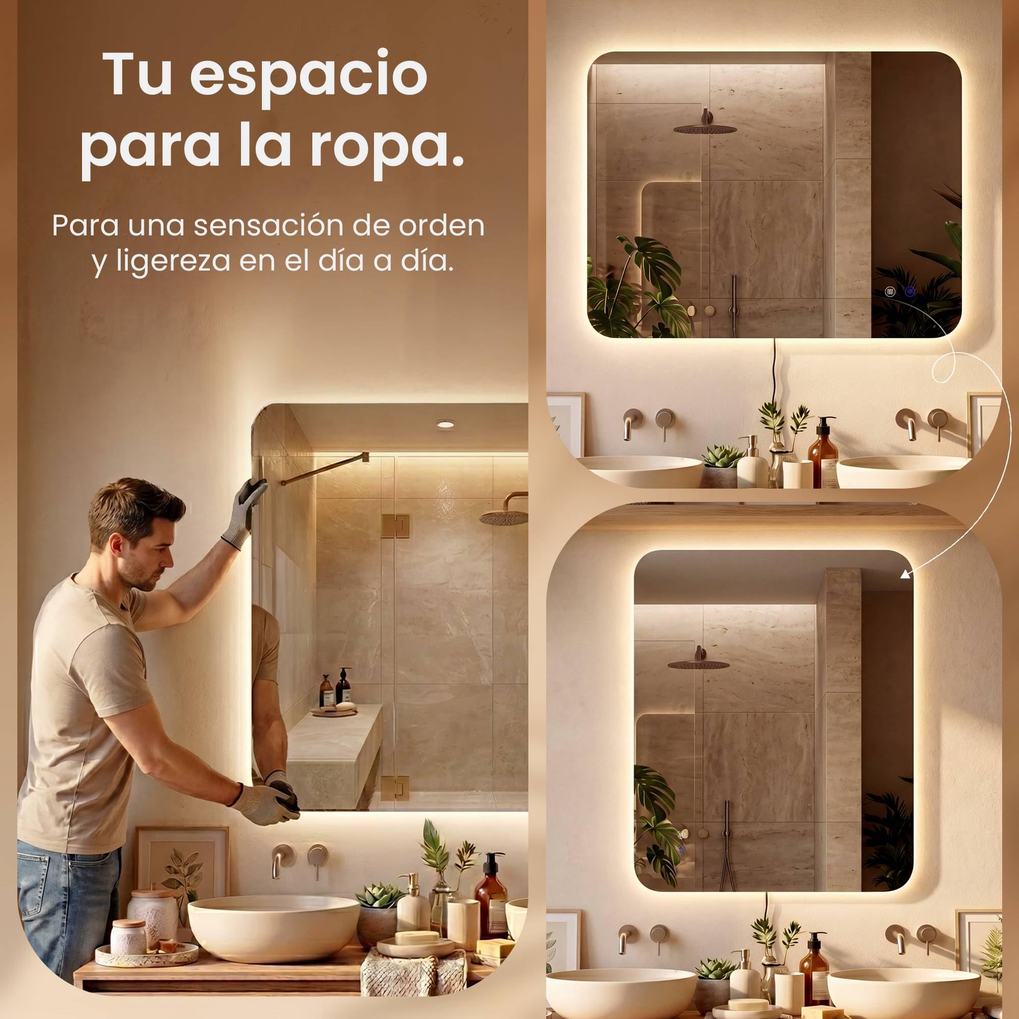 CLP Espejo de Bano LED Rectangular, Espejo de Pared sin Marco con dimmer tactil, 3 Tonos de luz, antivaho Palmiro, Tamaño:60x100 cm