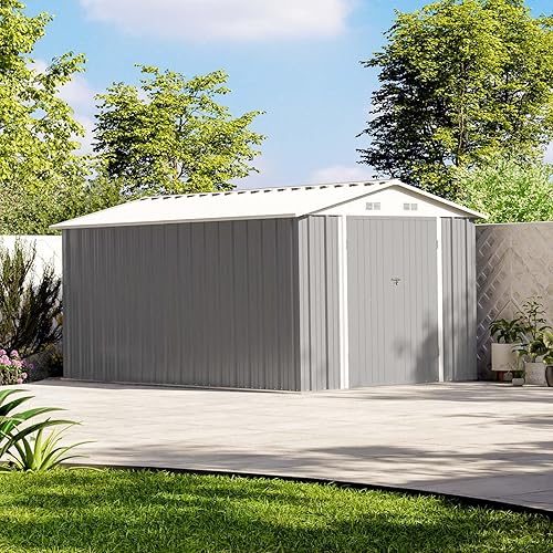 Vista 64 de Patiowell - Cobertizo de almacenamiento de 10 x 12 pies para herramientas, de metal y con puertas con cerradura, para exteriores, jardín, patio Gris