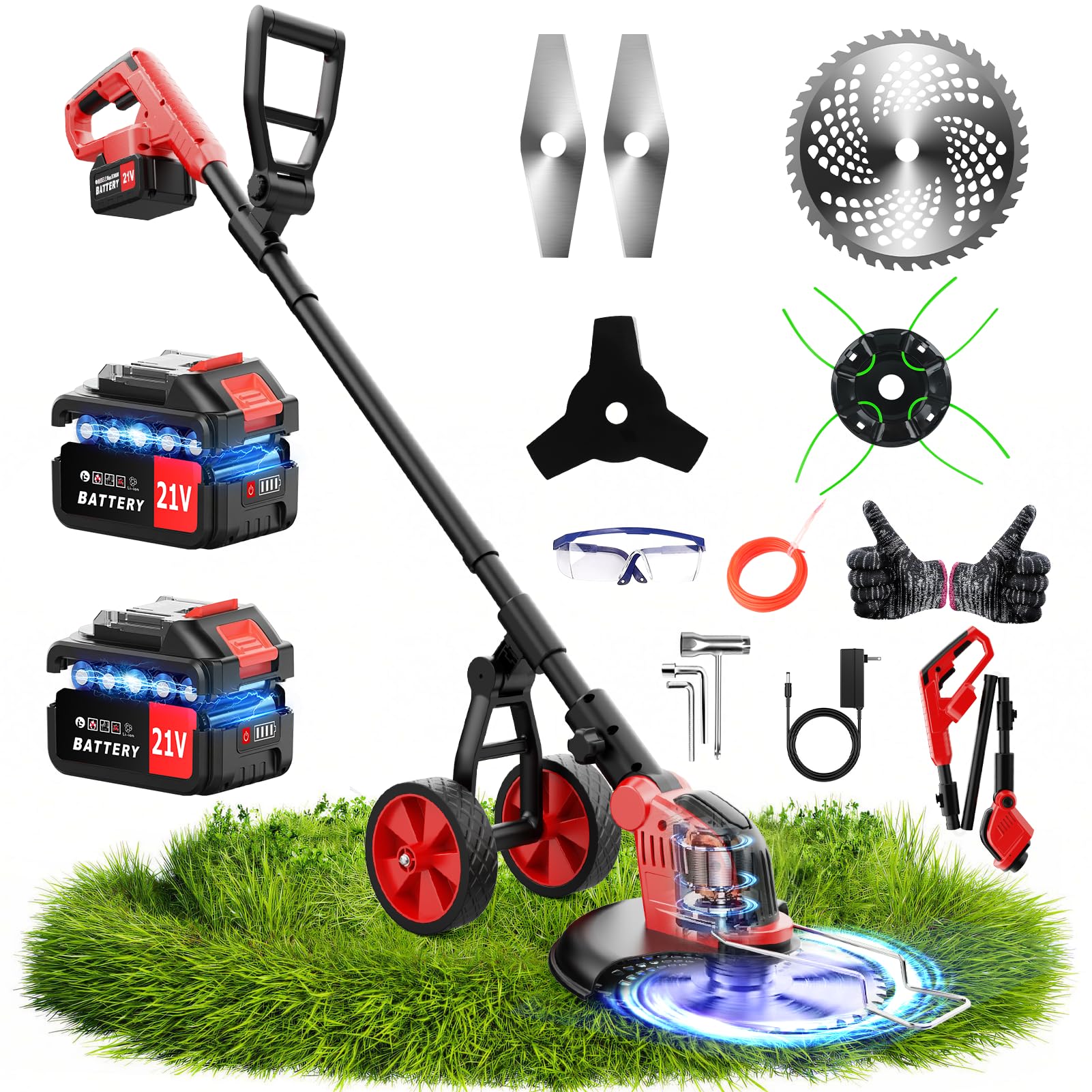20000 RPM Electric Weed Wacker with Wheel,12″ Brushless Cordless Weed Eater Battery Powered, 4-in-1 Brush Cutter/String Trimmer/Grass Trimmer/Lawn Mower,Edger Stringless Weed Trimmer,5 Blade,2 Battery