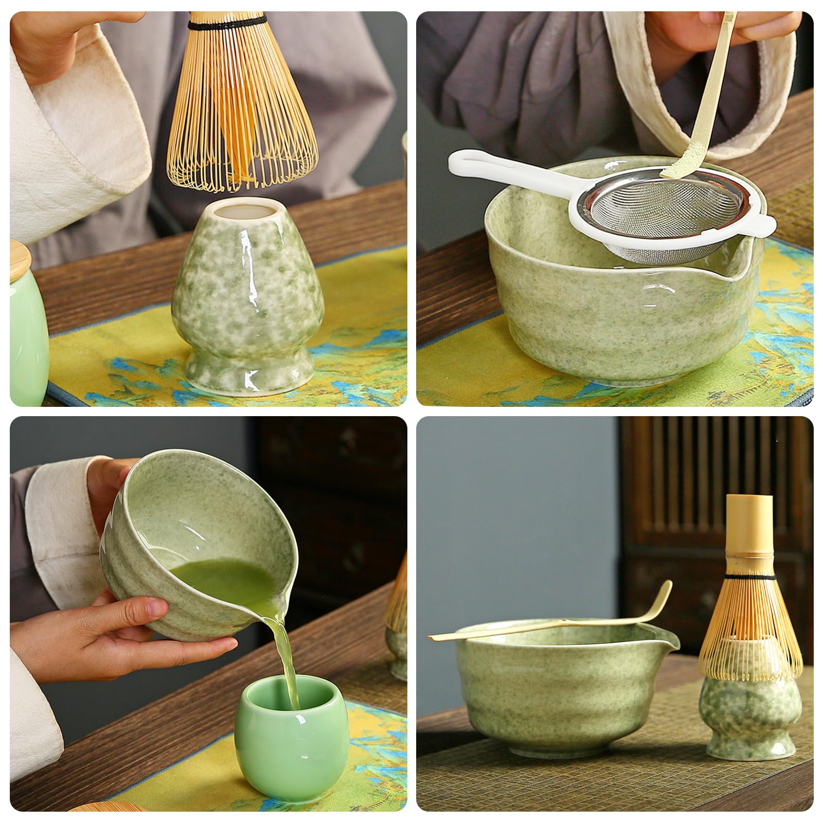 PORFOYO Matcha Set mit Elektrische Milchaufschäumer, 5 - teiliges Macha Tea Set, Matcha Tee Set, Matcha Besen Set, Enthält Matcha Schale, Matcha Bambus-Teebesen, Bambusschaufel, Schneebesenständer