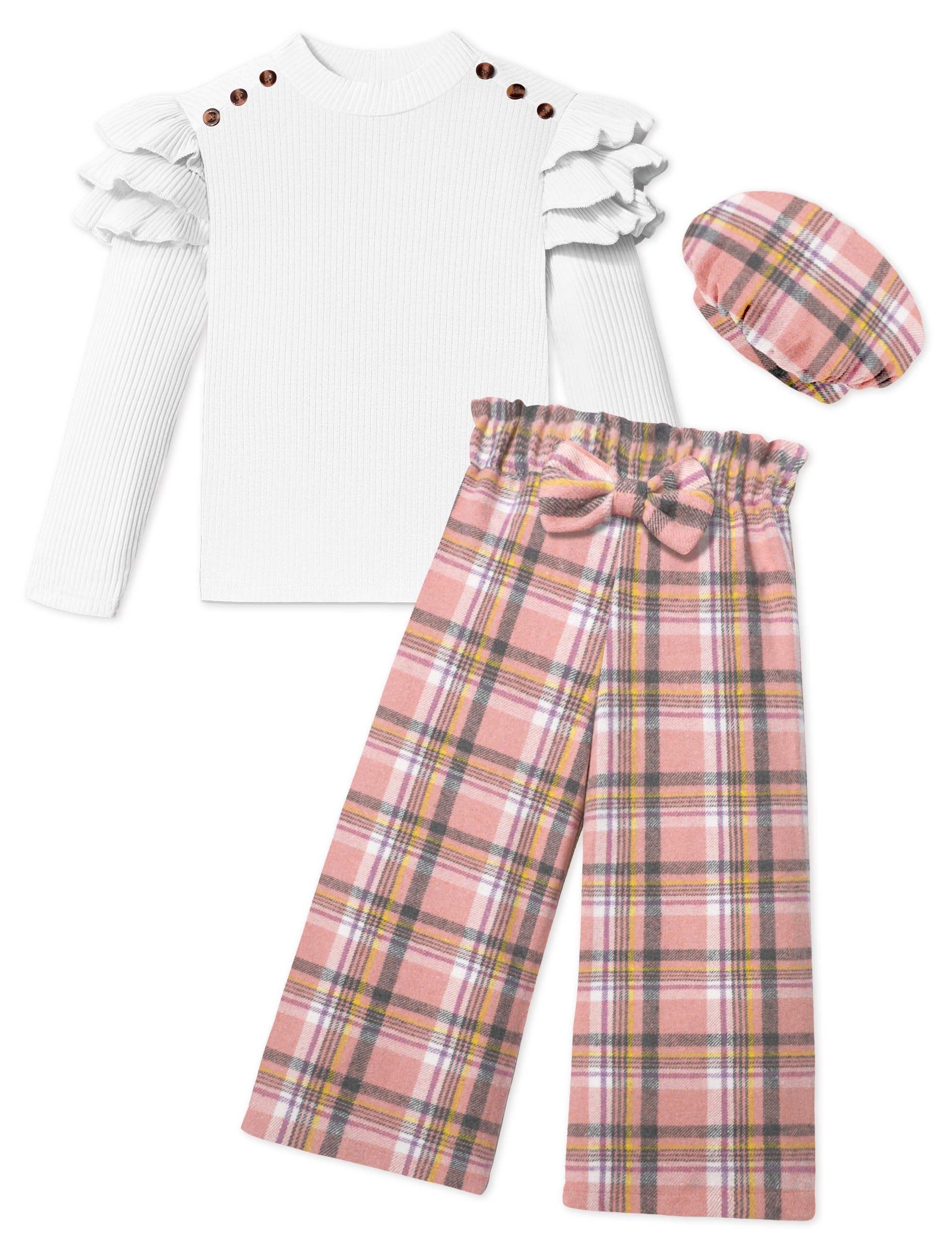 MIGU Fashionable 3PC Fall Outfit: Long-Sleeved Top, Plaid Trousers, & Plaid Hat
