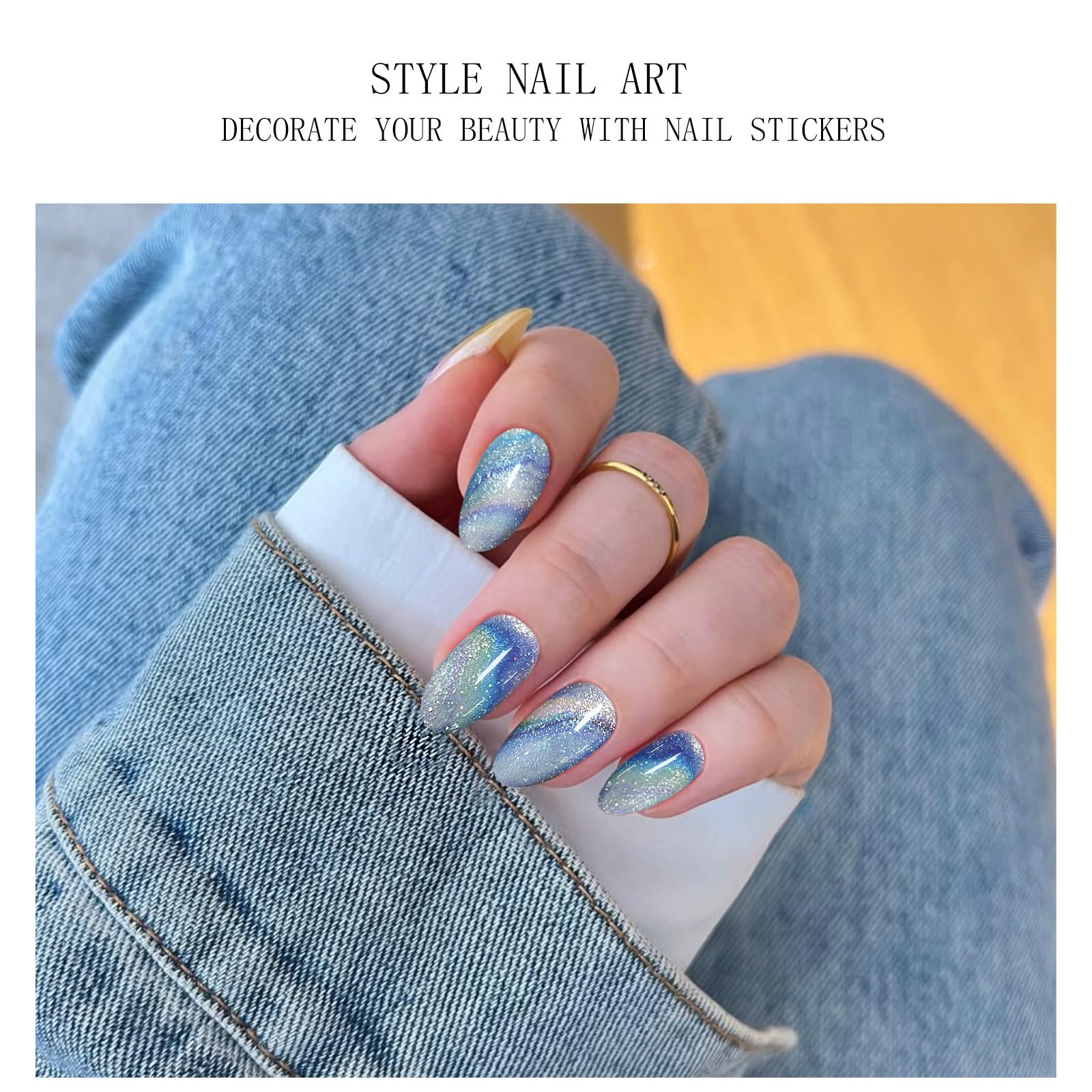 JMEOWIO Gel Nail Stickers Blue Colorful Marble Glitter Semi Cured Gel Nail Strips Wraps UV/LED Nails Art Design Decoration Accessories - Image 4