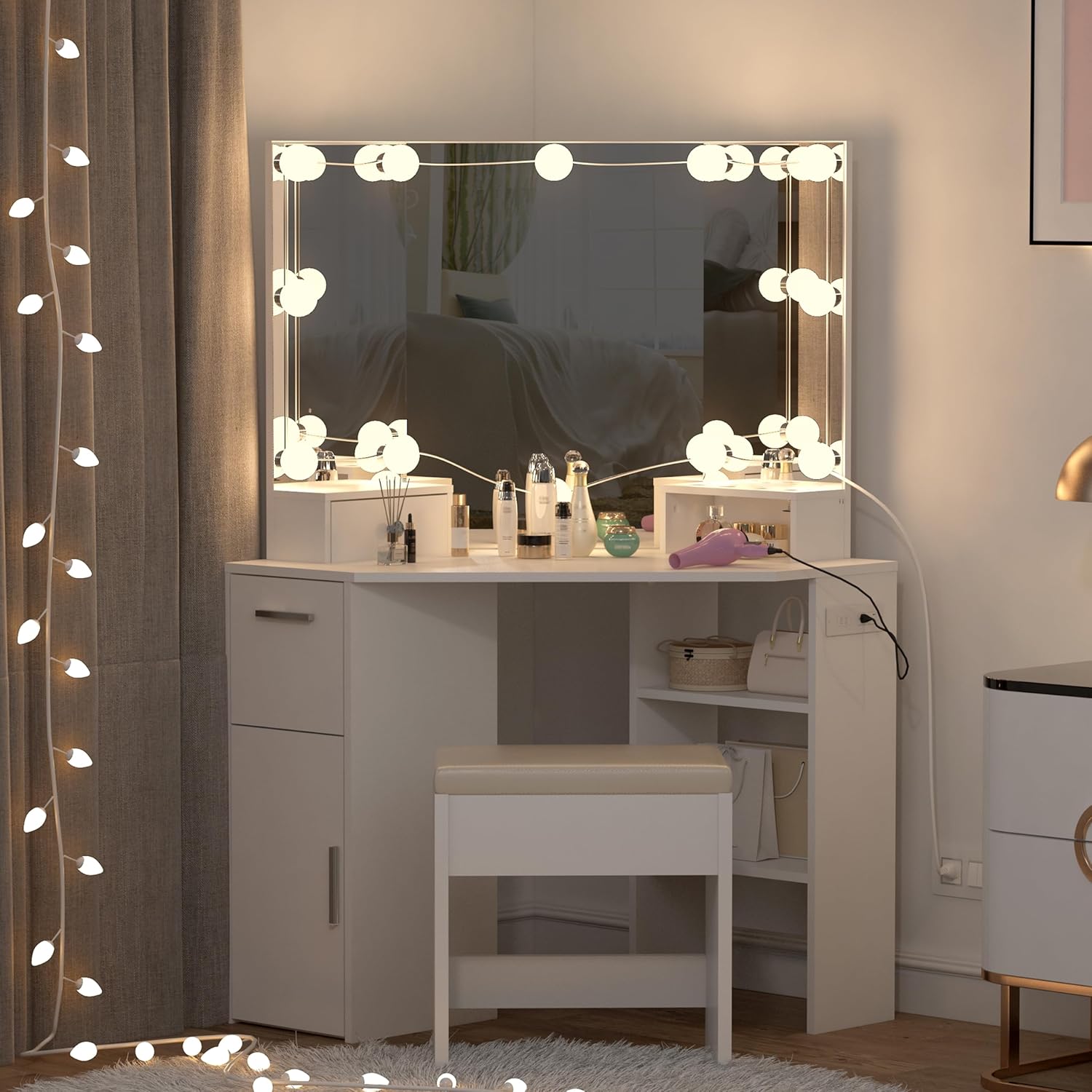 Corner Vanity Makeup Desk with Vanity Mirror, Built-in Lights, 2 Drawers, Power Outlet, Makeup Desk for Bedroom, White