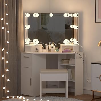 Garvee Corner Vanity Desk with Lighted Mirror & Power Outlet, White
