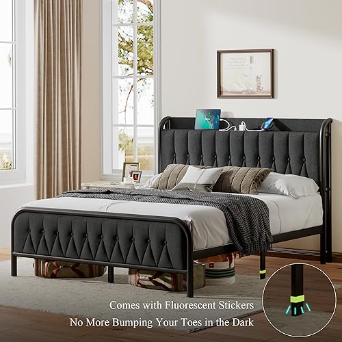 Miniatura 3 de iPormis Base de cama tapizada de lino fino tamaño King con estación de carga, plataforma de metal resistente con cabecera copetuda, almacenamiento