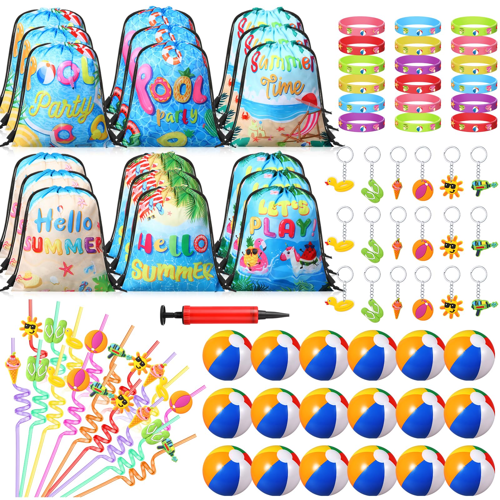 Realspring 91 Pcs Beach Pool Party Favors 9 Inch Beach Balls Bulk Summer Drawstring Backpack Bracelets Keychain Straws for Birthday Pool Party