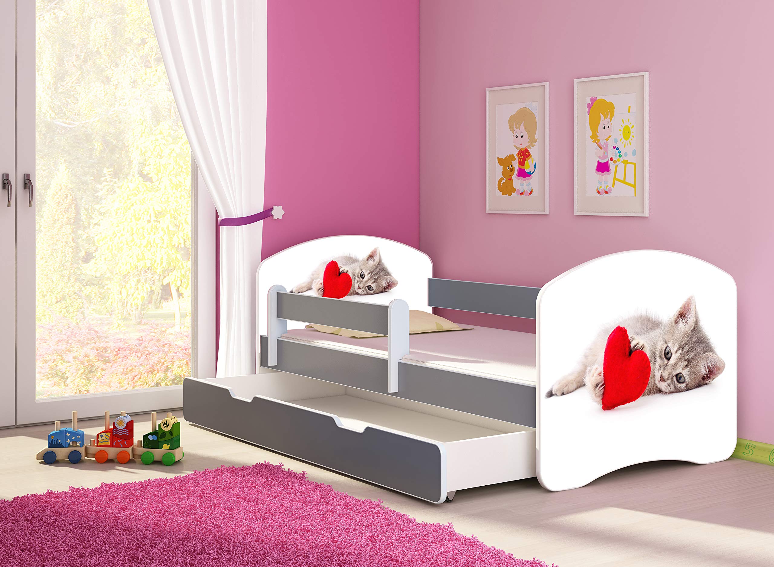 Lit Enfant ACMA II Avec Tiroir 180x80cm - Matelas Inclus - Personnalisation Nom Offerte - Vert Chat Coeur