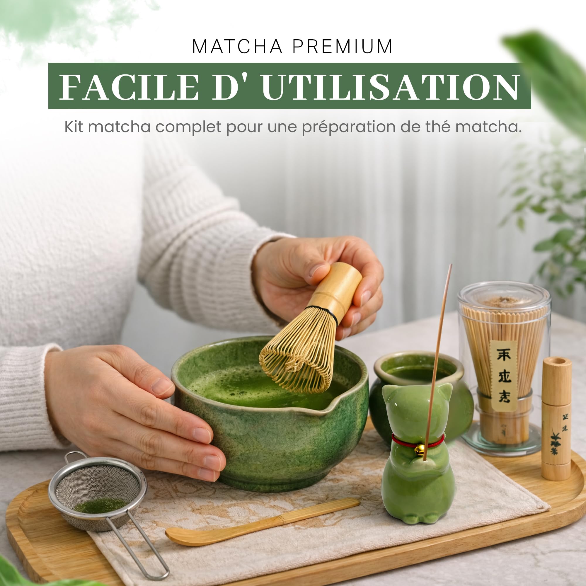 Kit Matcha Cérémonie 10 Pièces avec Sac de Transport – Set Matcha Complet avec Fouet Matcha Bambou, Verre Matcha et Accessoires – Kit Traditionnel pour Préparer le Thé Matcha – Idée Cadeau