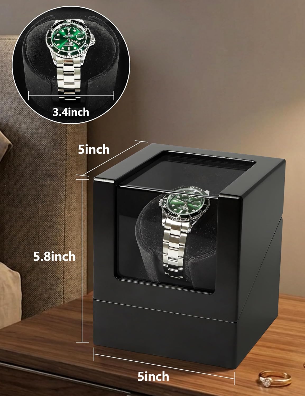KAMIER Watch Winder for Single Automatic Watch – Anti-Magnetic Quiet Japanese Motor, Battery or AC Powered, Acrylic Glass, T2/S6 Intermittent Modes, Self-Winding Watch Rotator, Ideal Gift for Men