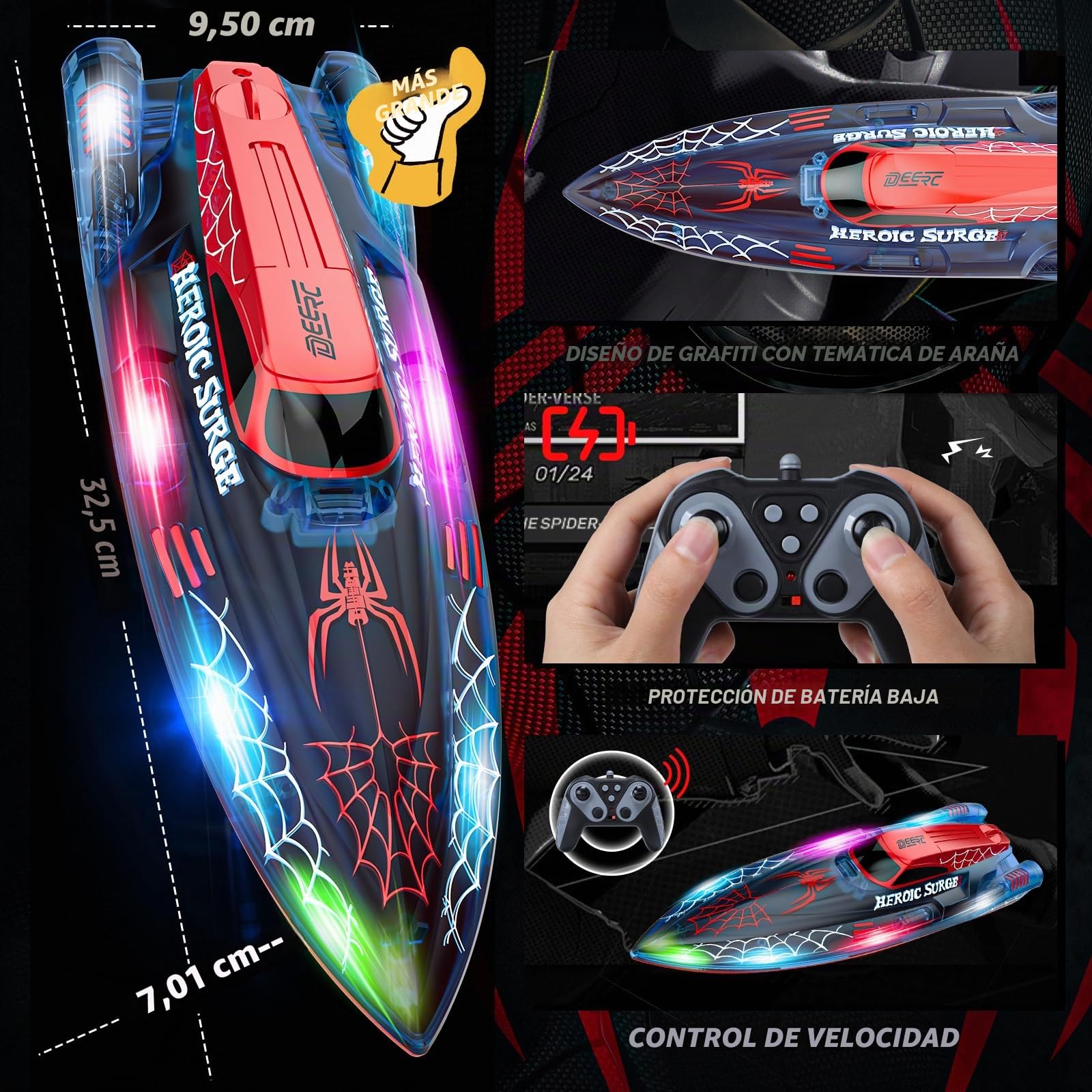 DEERC Barco teledirigido de 13 Pulgadas para niños, Barco araña teledirigido de 2,4 GHz con Luces LED para Piscinas y Lagos, Juguete acuático de Verano para niños de 8 a 12 años, 2 Pilas
