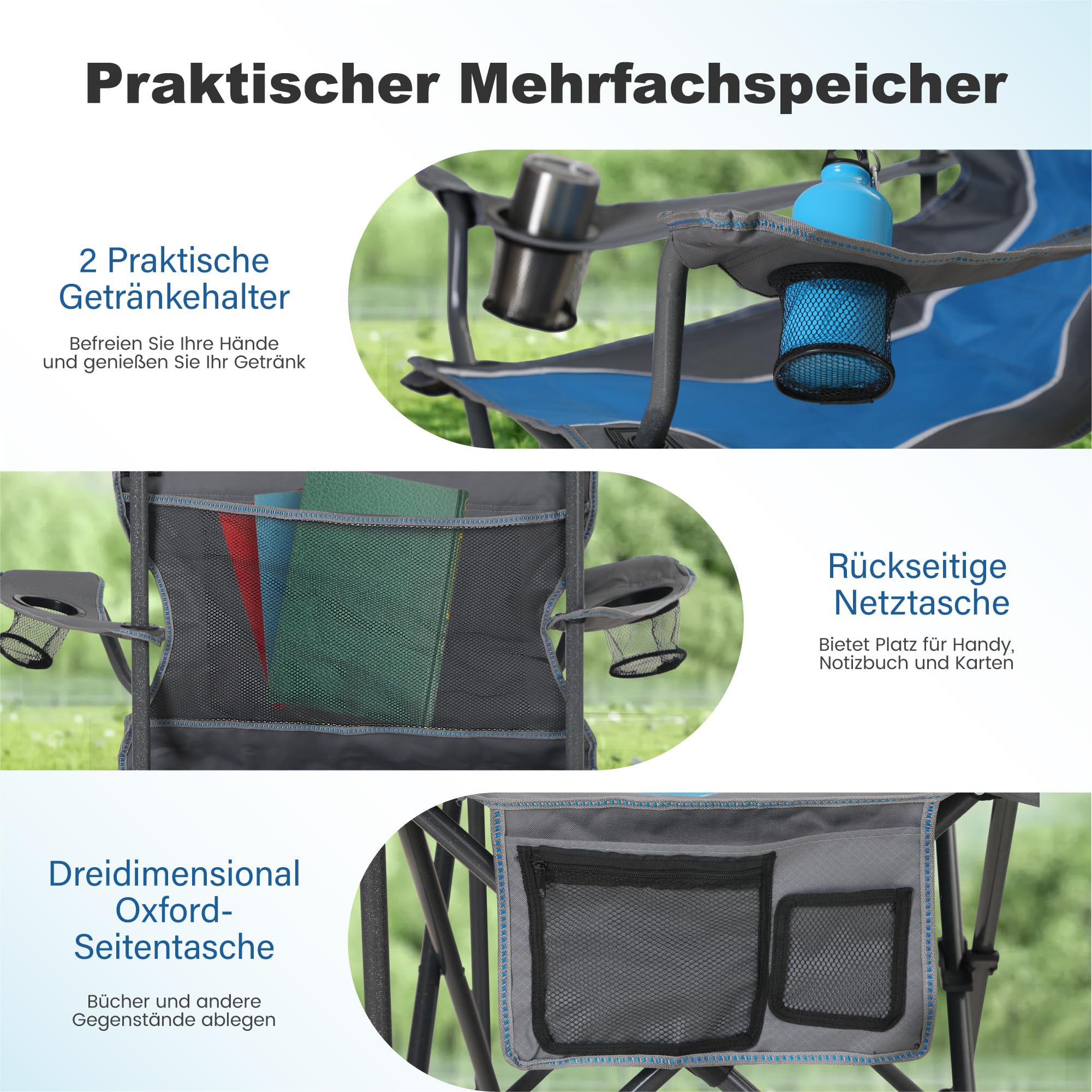 LET'S CAMP Silla plegable para camping, hasta 160 kg | Con soporte para bebidas, bolsa de transporte XL, silla plegable, color azul