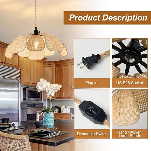 Miniatura 3 de Luces colgantes con cable de enchufe con cable de enchufe con cuerda de cáñamo de 23 pies, lámpara colgante enchufable, cable de luz colgante