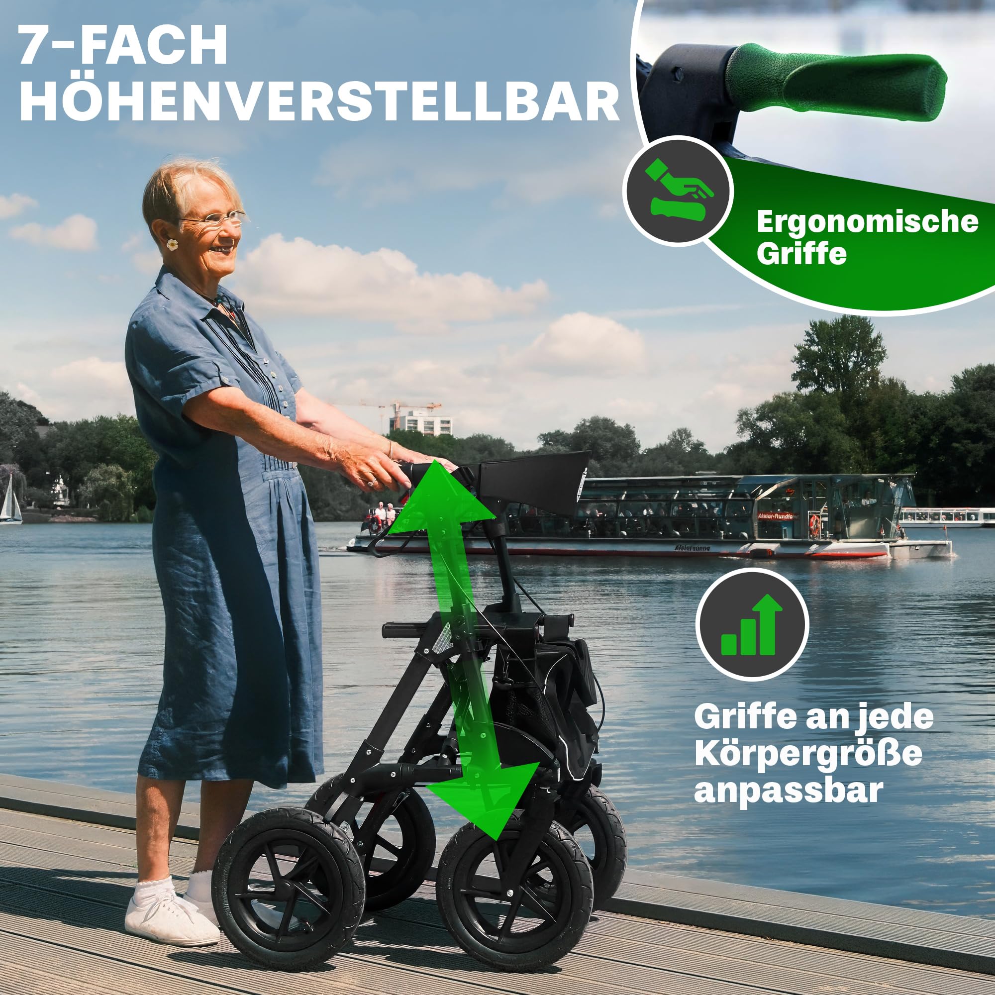 Rollator mit Luftbereifung (30 cm) bequemem Sitz und Lehne - robust leicht und faltbar. Der ideale Geländerollator für draußen in Titanschwarz