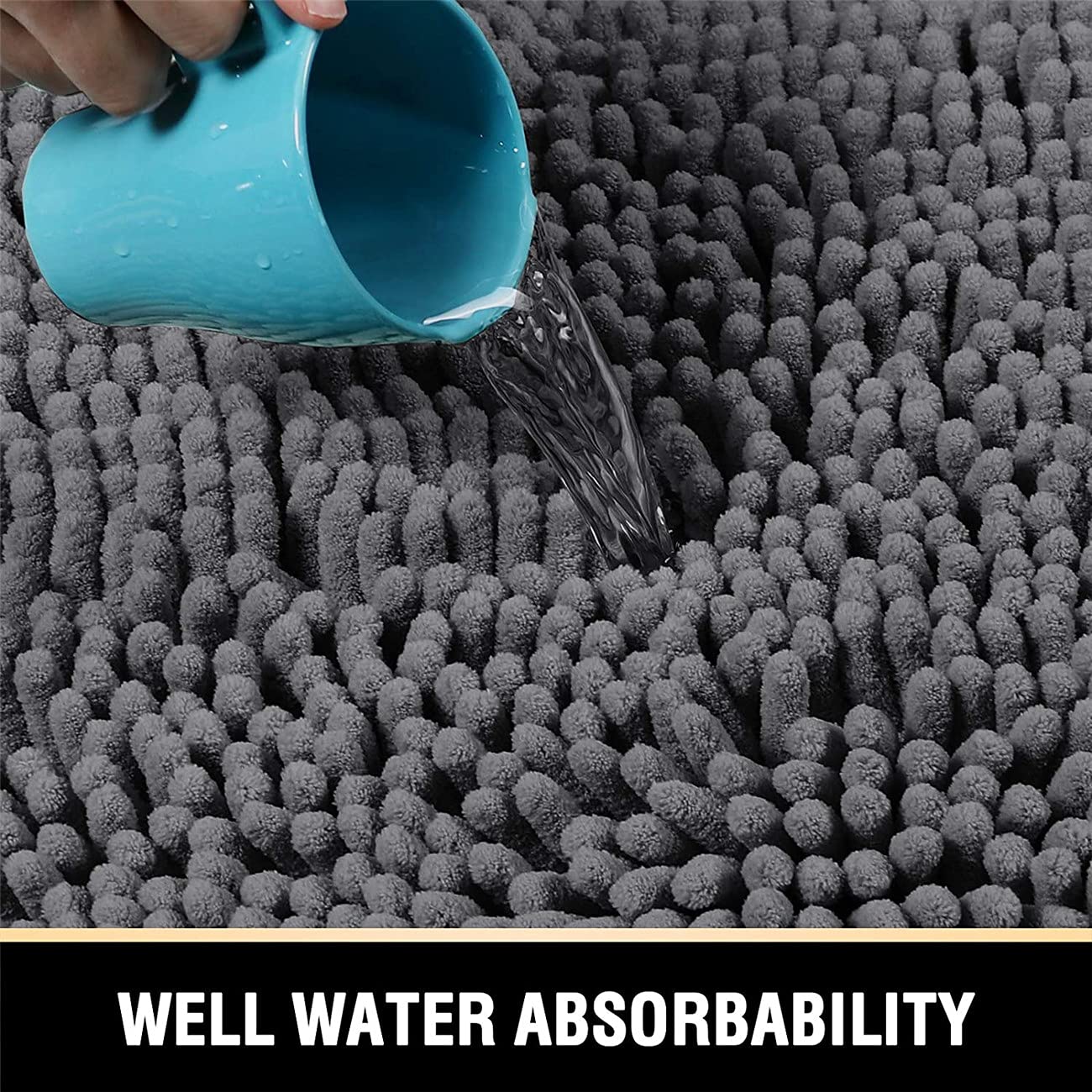Tapis de salle de bain antidérapant chenille doux et absent à poils longs lavable pour baignoire et douche, gris, 150 x 50,8 cm