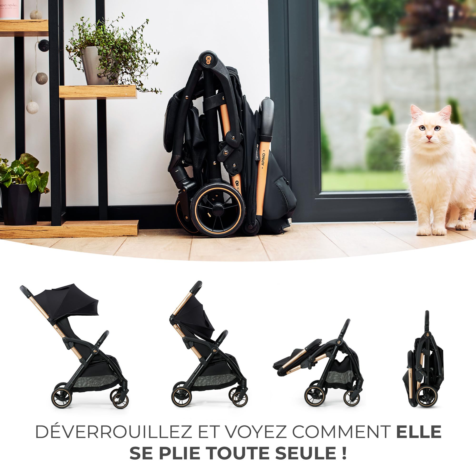 Kinderkraft APINO Poussette Légère, Ne Pèse Que 7,5 kg, Poussette De Voyage, Pliage automatique, AUTO FOLDING, Facile À Pince, Dossier Réglable En Position Allongée, poids maximum jusqu'à 24 kg, Noir