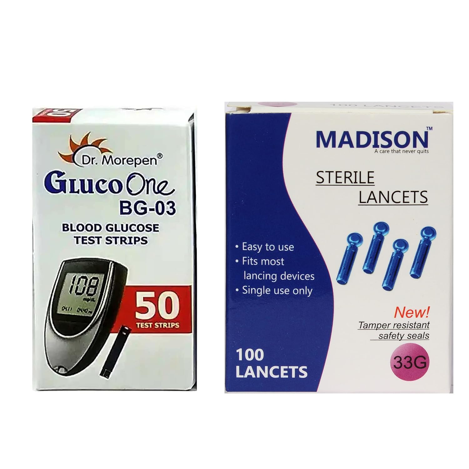 Madison 100 Round Lancets with.DR. MOREPEN BG03 50 Test Strips combo