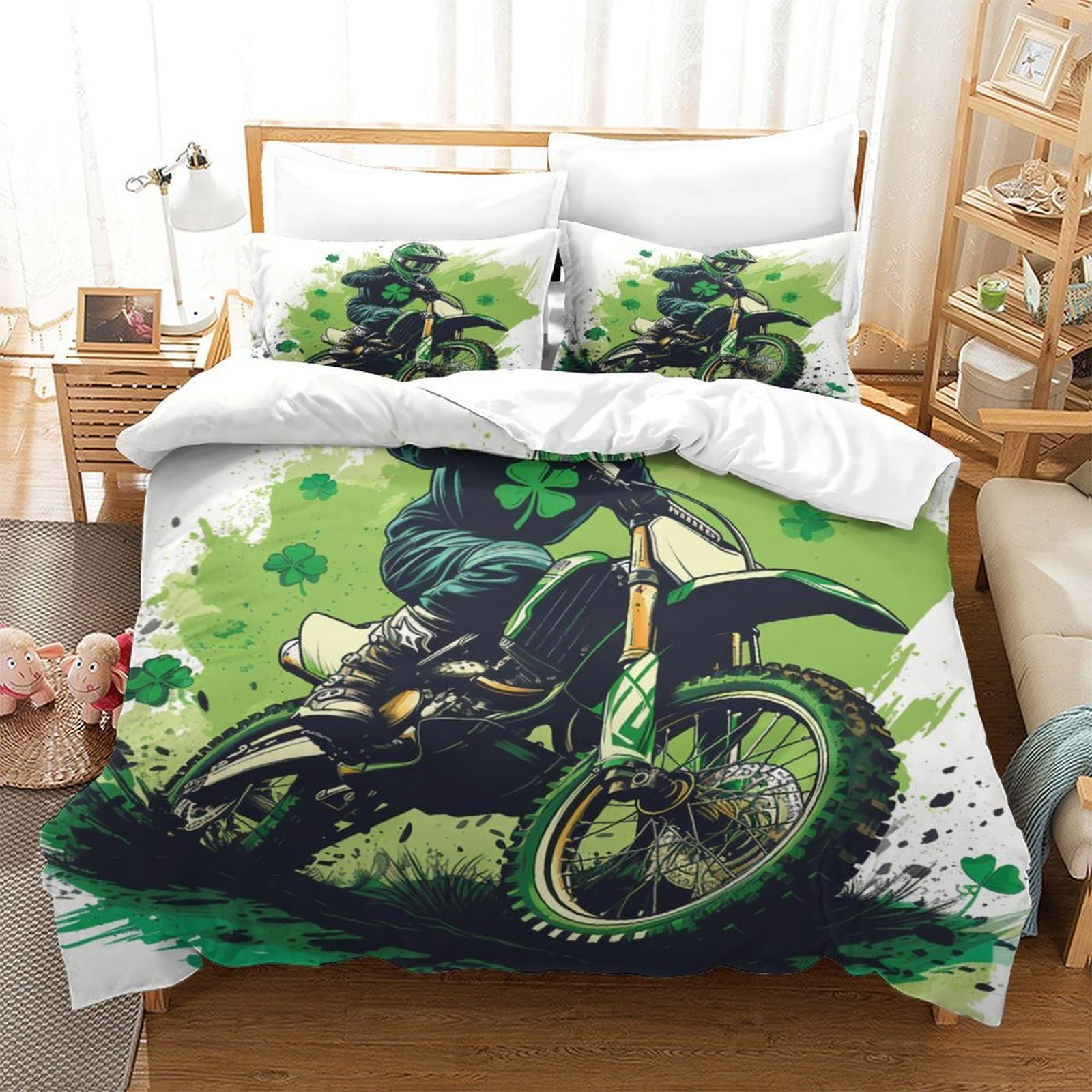 Housse de couette moto 140x200 anti-plis en microfibre douce avec zip pour lit enfant