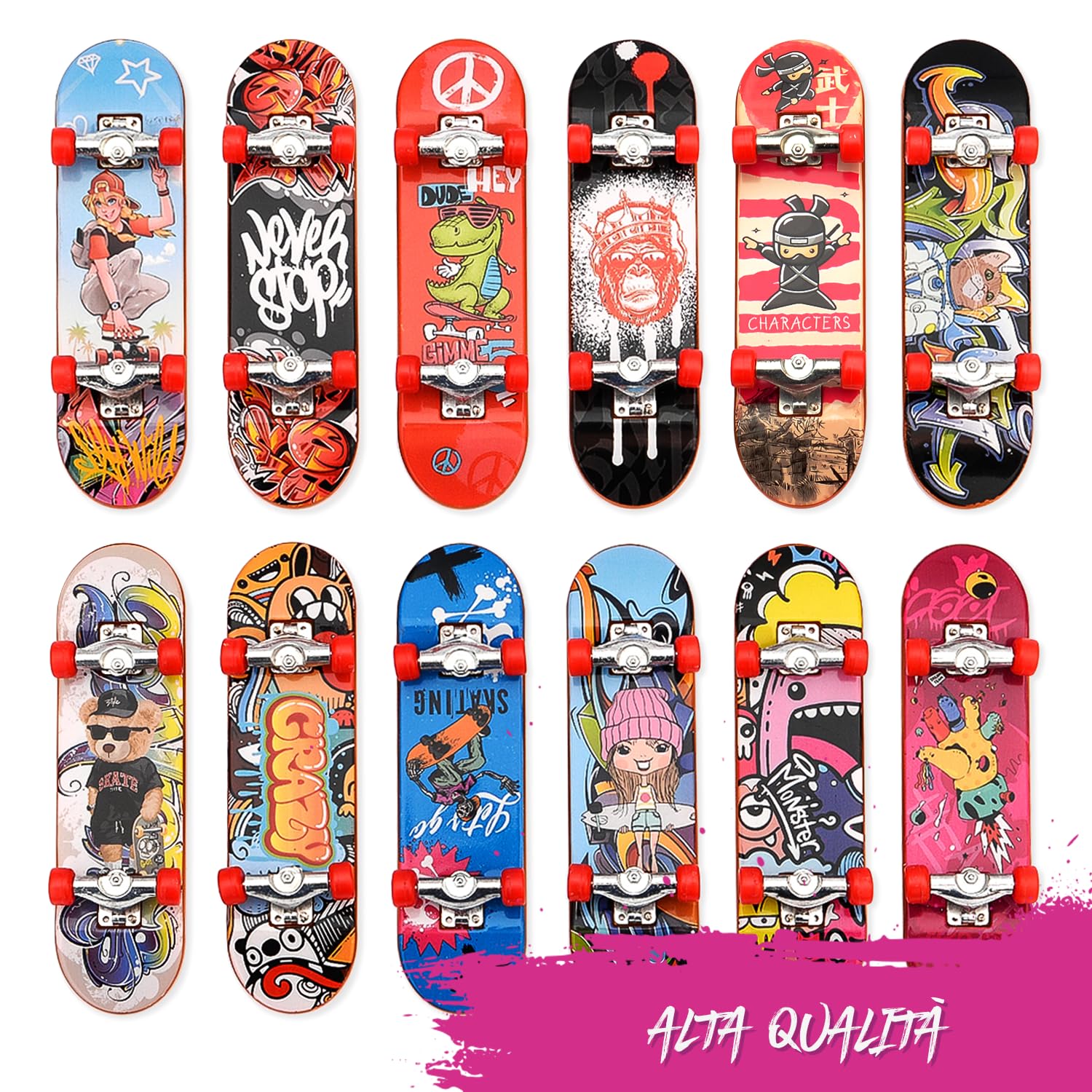 Magicat Set di 12 Mini Skateboard da Dita I 9,5 x 2,6 cm I Fingerboard Professionali in Plastica Dura con Carrelli in Lega I Gadget Compleanno Bambini 3+ Anni I Regalini Fine Festa
